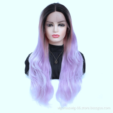 Vigorous best ombre purple color  27 inch curl bulk women heat resistant silk premium synthetic hd lace front wig